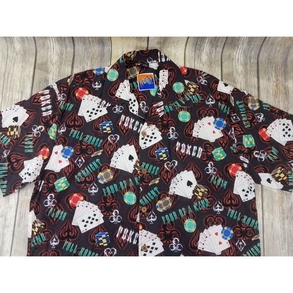 Dem Crazy Hawaiian Shirt Mens Size L Short Sleeves Button Up Poker Cards Print - Picture 2 of 11